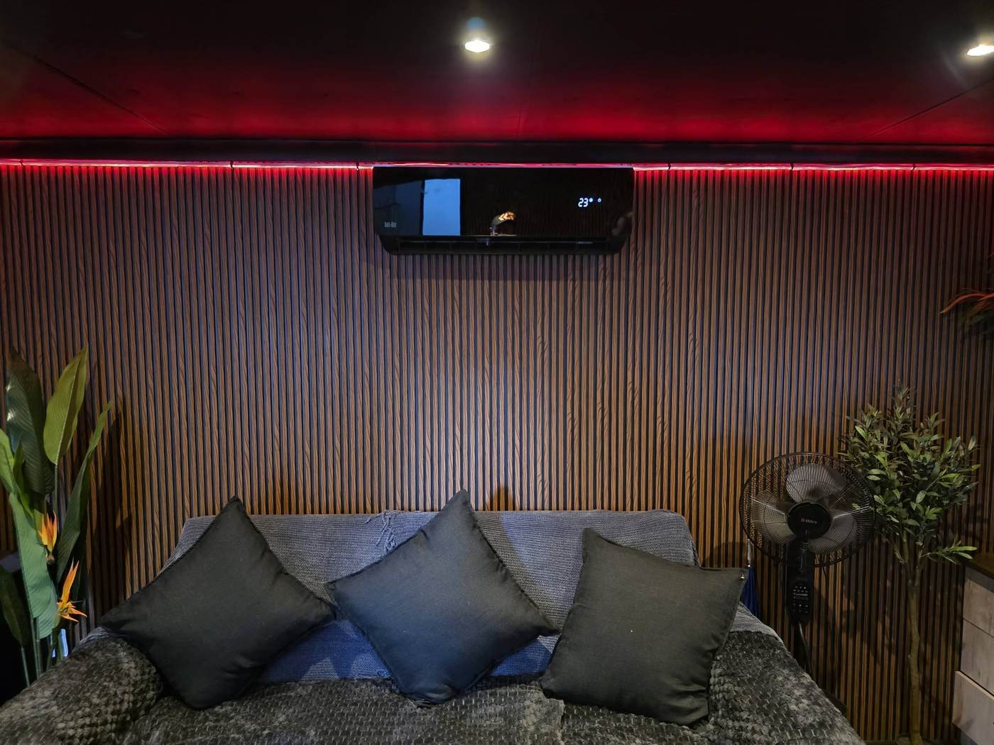 Entertainment lounge interior with ambient lighting